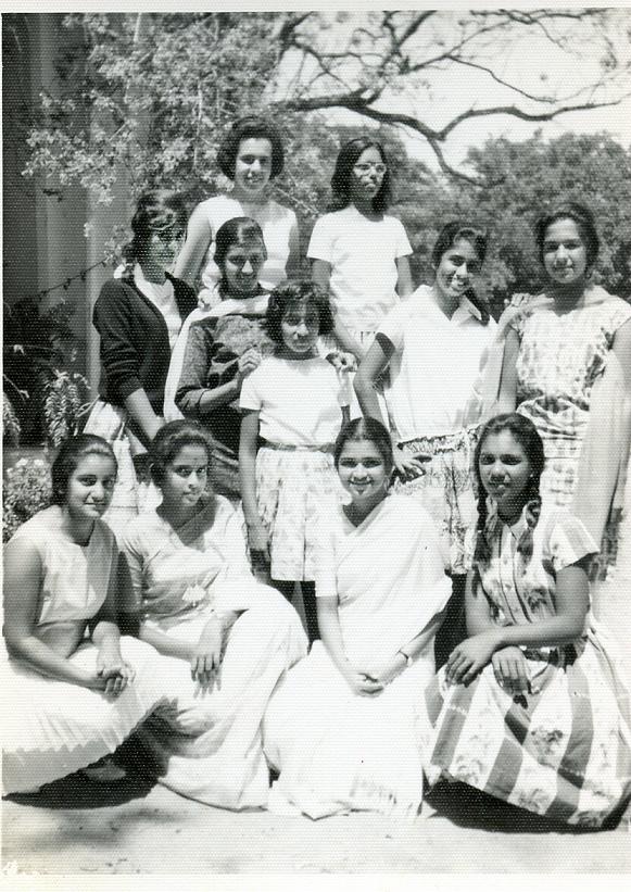 Boarders L To R Top - Farideh Kermani, Shirley Holt, 2nd Row - Mary Mathews, Hema Krishnayya, Mary Paul, Meera Nair, Geeta Nath Sitting - Hansa Ranchod, Hima Bhandari, Annu Kuruvilla, Vineeta Das (1963)