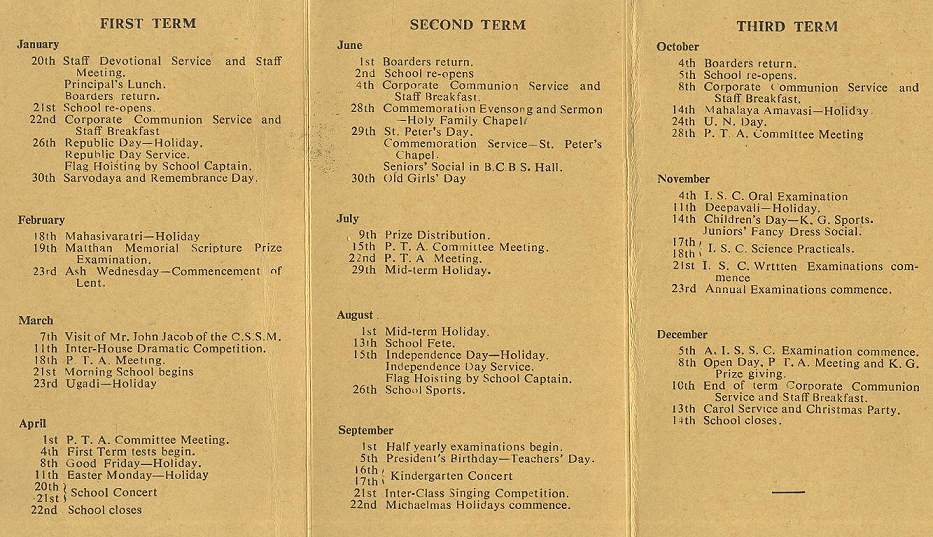 BCGS School Calendar 1966 inside